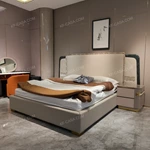 Light Beige Leather Upholstered Bed with Wave Quilting, Green Marble Accents & Gold Stainless Steel Hardware